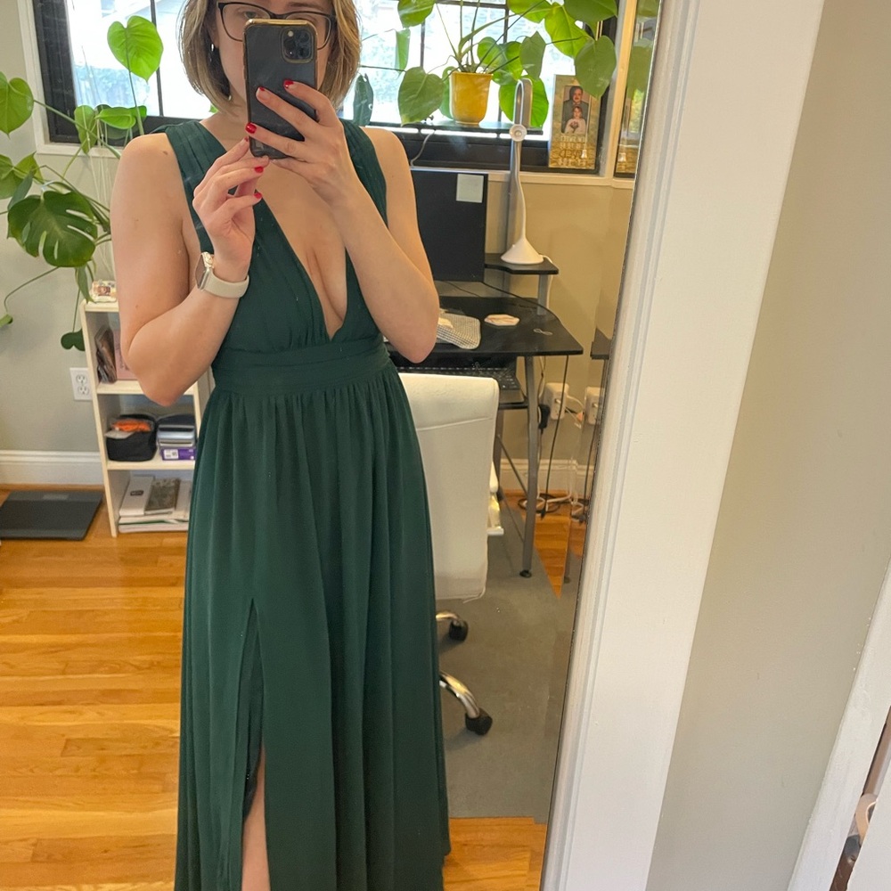 Lulus Heavenly Hues Forest Green Maxi Dress with Plunge Neckline and Slit